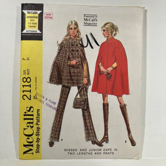 1960s Zip Up Cape Arm Slits with Pants Sewing Pattern McCalls 2118 Sz 7 B 31 FF - Picture 1 of 6